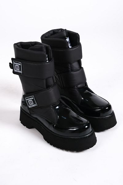 BZ Moda LUMI - Μαύρες λουστρίνι γυναικείες μπότες, Velcro, ανθεκτικές στο νερό και το κρύο, ύφασμα αλεξίπτωτο ST