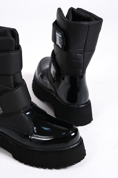 BZ Moda LUMI - Μαύρες λουστρίνι γυναικείες μπότες, Velcro, ανθεκτικές στο νερό και το κρύο, ύφασμα αλεξίπτωτο ST