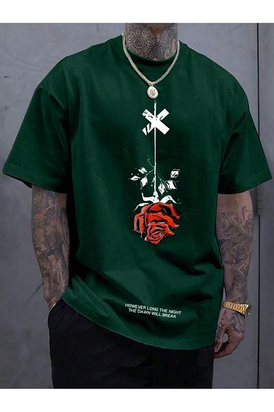 Black Sokak Rose X Printed Oversize Green Men's T-Shirt