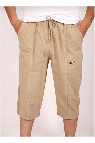 HMZ GİYİM Men's CAMEL Soft Raw Cloth Linen Elastic High Waist Comfortable Fit Natural Capri