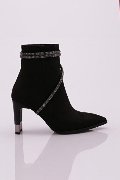 DGN Kadın Sivri Burun Silver Ip Taşlı Topuklu Bot Siyah Süet 9143284