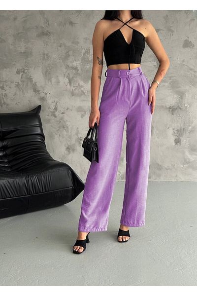 hazelin Women's Lilac High Waist Wide Leg Pocket Imported Linen Trousers HZL24S-FRY121821