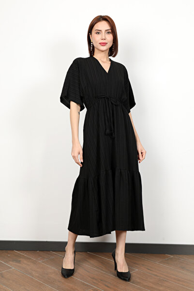 GİYSA فستان نسائي أسود بخصر طويل وأكمام خفاش