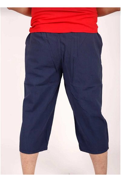 HMZ GİYİM Men's Navy Blue Soft Raw Cloth Linen Elastic High Waist Comfortable Fit Natural Capri