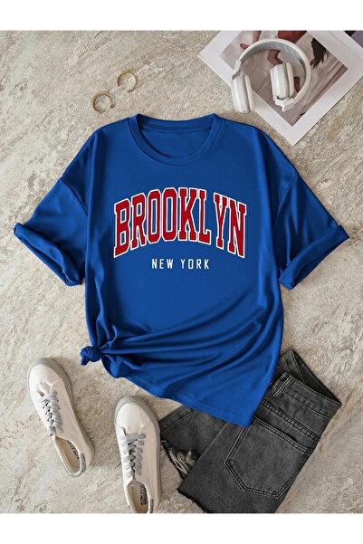 npLStore Синя Бруклін Нью-Йорк Червоний Принт Oversize Унісекс Бавовняна Футб...