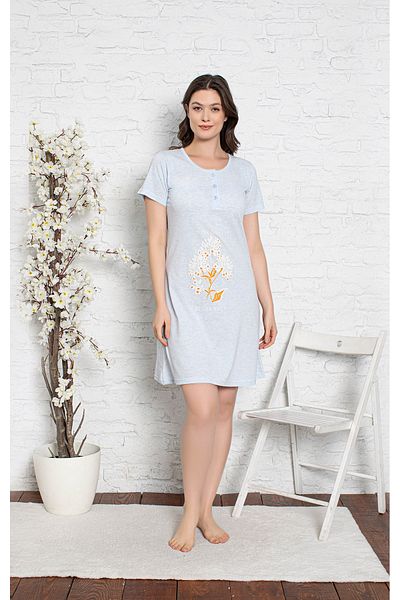 SEBOTEKS 100% Cotton Short Sleeve Collar Buttoned Combed Cotton Tunic Nightgown 5004