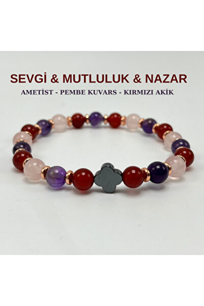 YILDIZ DOĞAL TAŞ Sevgi & Mutluluk & Nazar Doğal Taş 6mm Elastik Bileklik Amet...