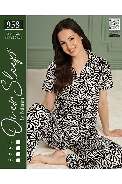 Over Sleep by Poleren Set de pijamale pentru femei cu mânecă scurtă, cu guler de cămașă cu model alb-negru