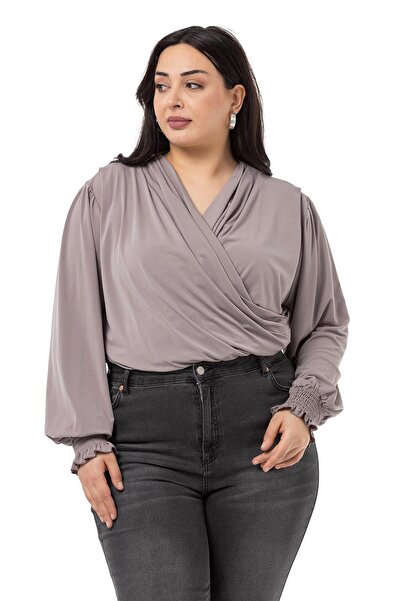 DISENTIS MODEST Bluză bej-gri, cu mâneci duble, cu detaliu din cauciuc și cu ...