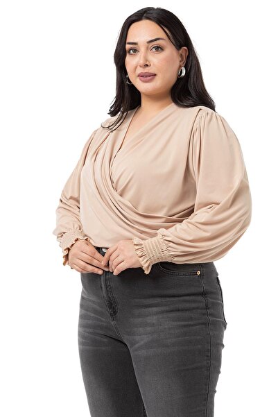 DISENTIS MODEST Plus Size Double-breasted Sleeve Beige Blouse with Rubber Gipe Detail and Snap Fasteners