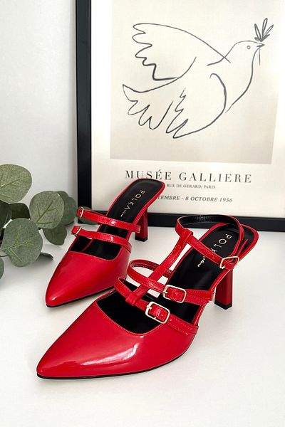 POLKA STORE Choice Stripe Detailed Removable Band Apparatus Patent Leather Red Pointed Toe Heeled Women's Shoes