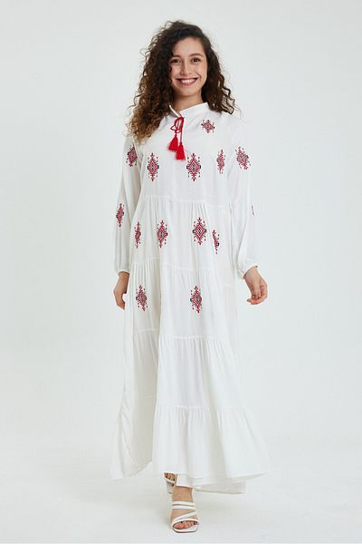 AYASOFYA OTANTIK Rochie lungă etnică autentică cu mânecă lungă brodata cu guler alb pentru femei