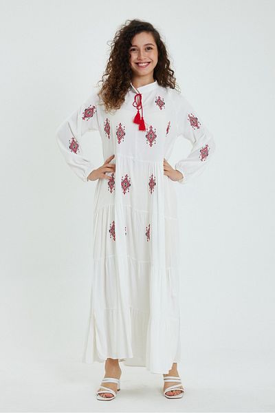 AYASOFYA OTANTIK Rochie lungă etnică autentică cu mânecă lungă brodata cu guler alb pentru femei