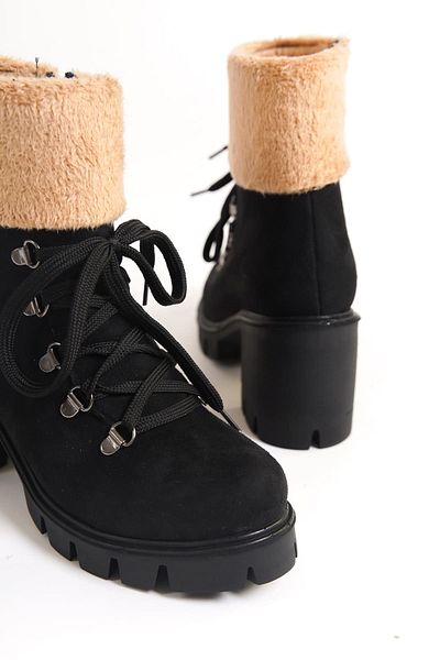BZ Moda JOSS Lace Up με φερμουάρ Ορθοπεδική σόλα με τακούνι Γούνα Λεπτομερείς Suede Γυναικείες Μπότες ST Μαύρο