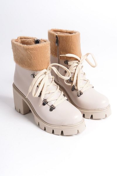 BZ Moda JOSS Lace Up με φερμουάρ Ορθοπεδική σόλα με τακούνι Γούνα με λεπτομερή δέρμα Γυναικείες μπότες KT Cream