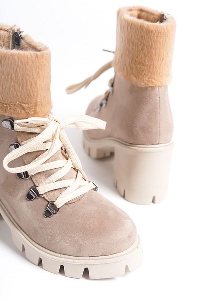 BZ Moda JOSS Lace Up με φερμουάρ Ορθοπεδική σόλα με τακούνι Γούνα Λεπτομερείς Suede Γυναικείες Μπότες TT Skin