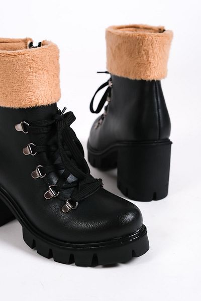 BZ Moda JOSS Lace Up Ορθοπεδική σόλα με φερμουάρ Γυναικείες μπότες με λεπτομέρεια από γούνα ST Μαύρο