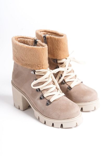 BZ Moda JOSS Lace Up με φερμουάρ Ορθοπεδική σόλα με τακούνι Γούνα Λεπτομερείς Suede Γυναικείες Μπότες TT Skin