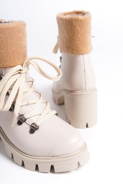 BZ Moda JOSS Lace Up με φερμουάρ Ορθοπεδική σόλα με τακούνι Γούνα με λεπτομερή δέρμα Γυναικείες μπότες KT Cream