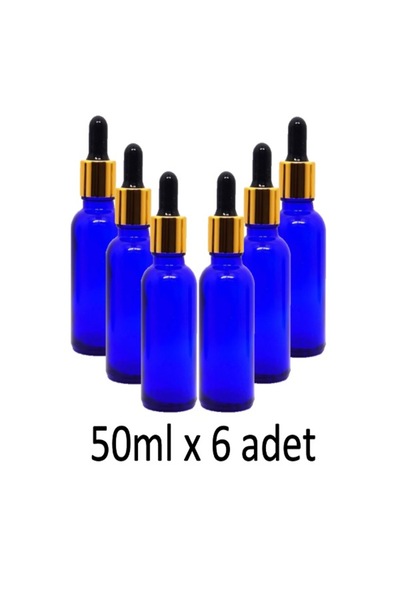 LAB Damlalık ( 6 Ad./pk ) 50ml Damlalıklı Cam Mavi Şişe, Metal Gold Sızdırmaz...