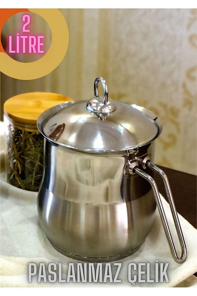 YUNUSOĞLU HOME Stainless Steel 2 Liter Milk Bowl Sauce Bowl 2 Pieces with Lid