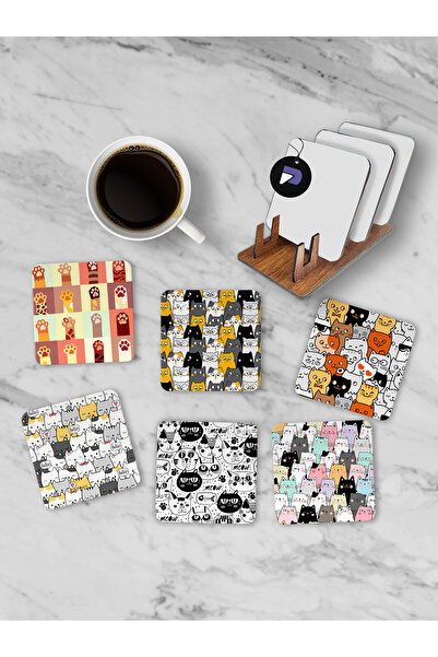 Postermanya مجموعة قواعد الأكواب الخشبية بنمط القط مع حامل، 6 قطع من قواعد الأكواب المطبوعة والقهوة