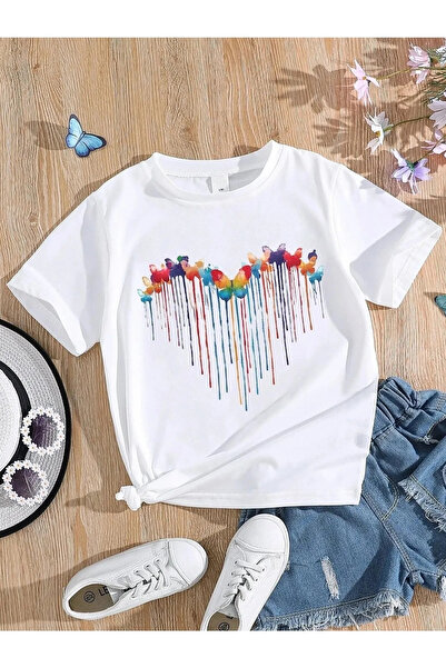 CROPSEL تي شيرت للأطفال مطبوع عليه قلب على شكل فراشة