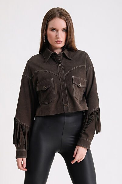 Leather Club Kahve Püsküllü Crop Süet Ceket