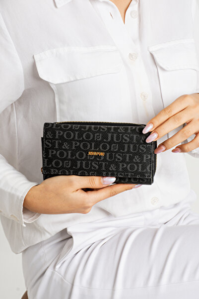 Just Polo Black Women's Patterned Wallet with Magnet Closure Jp002
