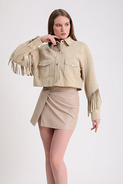 Leather Club Bej Püsküllü Crop Süet Ceket