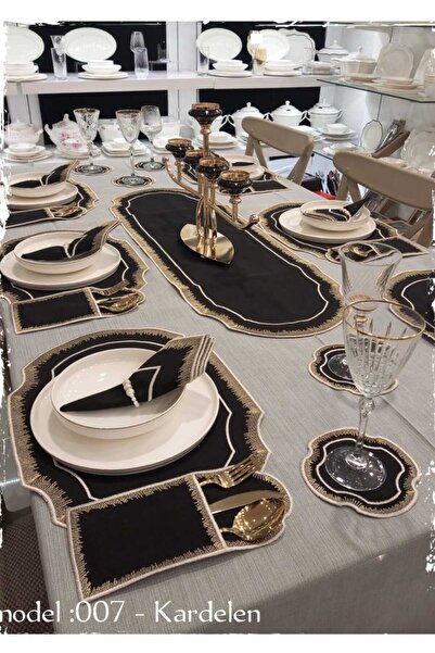 HİFA Keten Amerikan Servis Runner Takımı 8 kişilik(33 parça)(kardelen siyah model)