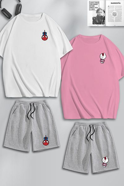 macklin Unisex Γυναικείες άντρες Hello Kitty Spiderman με στάμπα Lover Couple Combination Design Oversize T-shirt V σορτς