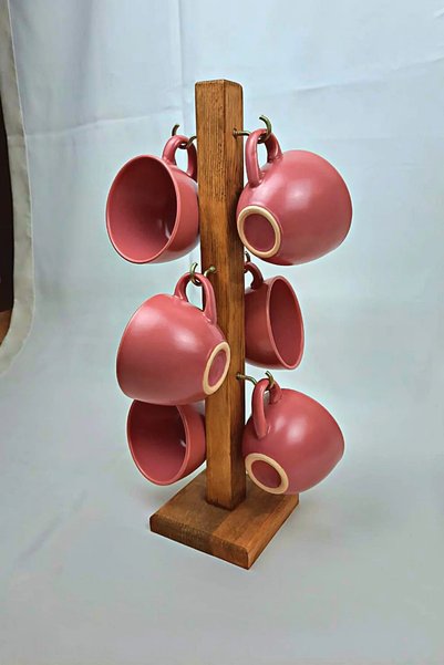 ViraHome Kitchen Counter Top Wooden Coffee Stand Cup Hanger Organizer Coffee Corner Hotel Cafe Bar 6 Hooks