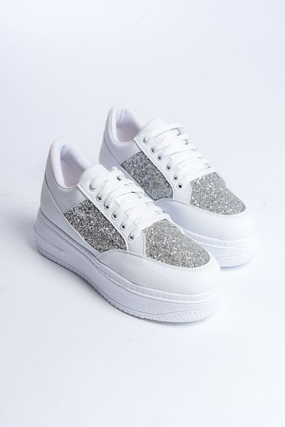 BZ Moda Pantofi SCARLETT cu șireturi, talpă ortopedică, cu sclipici, pantofi BT White
