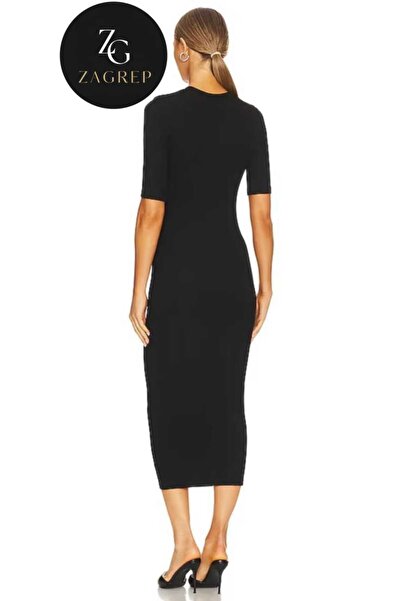 Zagrep Kadın Siyah Kısa Kol Bisiklet Yaka İpek Jarse Astarlı İç Göstermez Midi Elbise