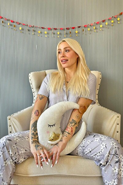Pijamaevi Gri Florado Exclusive Önden Düğmeli Kısa Kollu Kadın Pijama Takımı