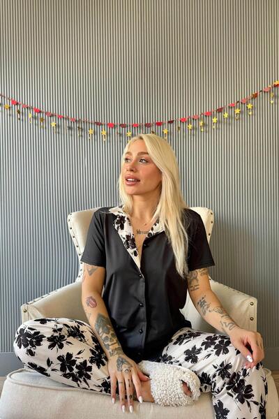 Pijamaevi Siyah Florado Exclusive Önden Düğmeli Kısa Kollu Kadın Pijama Takımı