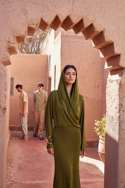 Trendyol Modest Khaki Double Breasted Collar Hooded Stylish Knitted Dress TCTSS24EB00038