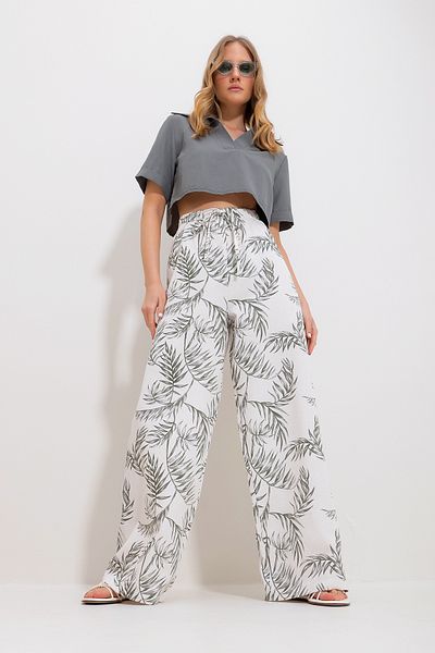 Trend Alaçatı Stili Women's Khaki Floral Patterned Linen Woven Palazzo Trousers ALC-X11861