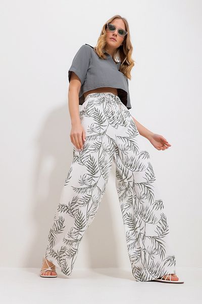 Trend Alaçatı Stili Women's Khaki Floral Patterned Linen Woven Palazzo Trousers ALC-X11861