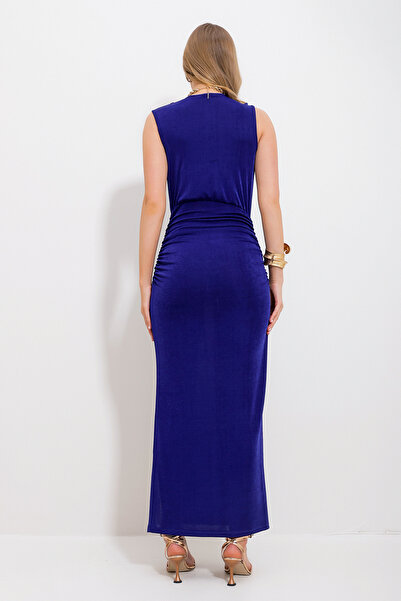 Trend Alaçatı Stili Dámské večerní šaty Saks Degaje s límečkem a rozparkem ALC-X11850