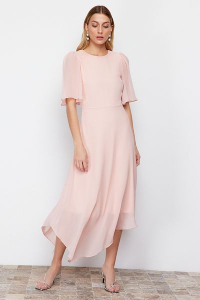 Trendyol Collection Πούδρα ασύμμετρη φούστα σιφόν σε γραμμή Α σε σκόνη Midi υφαντό φόρεμα TWOSS24EL00656