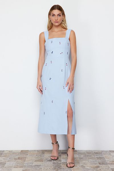 Trendyol Collection Blue Embroidered Skirt Waist Opening Square Collar Midi Woven Dress TWOSS24EL00329