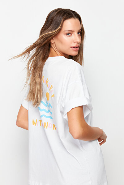 Trendyol Collection Boyfriend Cut White T-Shirt - Back and Chest Print, 100% Cotton - TWOSS23TS00058