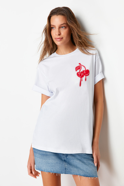 Trendyol Collection Λευκό μπλουζάκι με λαιμόκοψη 100% βαμβάκι - τυπωμένο μπροστά και πίσω, TWOSS23TS00067