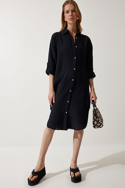 Happiness İstanbul Schwarzes Oversize-Hemdkleid aus Musselin für Damen SA00021