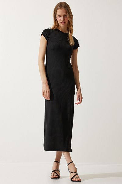 Happiness İstanbul Schwarzes geripptes Saran-Strickkleid für Damen MC00278