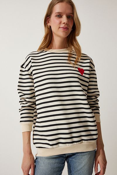 Happiness İstanbul Cremefarbenes, herzförmiges, gestreiftes Saison-Sweatshirt für Damen CR00431