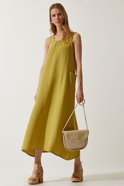Happiness İstanbul Women's Oil Green Wide Pocket Summer Muslin Dress SA00022