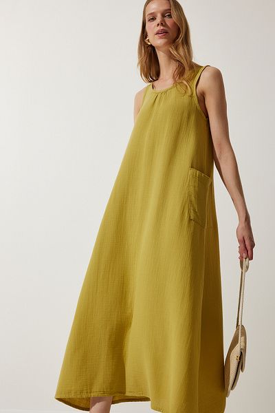 Happiness İstanbul Women's Oil Green Wide Pocket Summer Muslin Dress SA00022